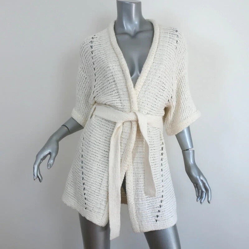 Veronica Beard Belted Cardigan Sweater Ivory Sz S Short Sleeve Knit Slouchy